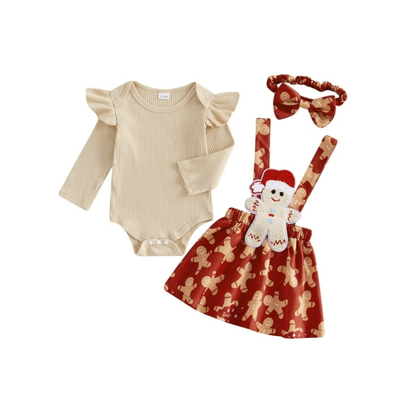 Newborn Baby Girl Christmas Outfits Ruffle Long Sleeve Romper Gingerbread Man Suspender Dress 3 6 9 12 18 Months Fall Winter Clothes