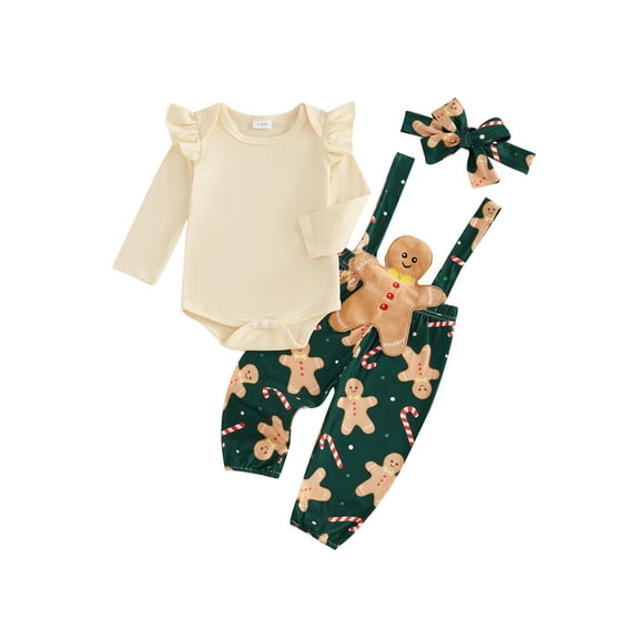 Newborn Baby Girl Christmas Outfits Ruffle Long Sleeve Romper Gingerbread Man Suspender Pants Headband Fall Winter Clothes