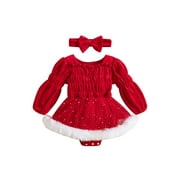 Newborn Baby Girl Christmas Outfits Velvet Long Sleeve Fur Romper Bodysuit Santa Claus Dress Winter Xmas Clothes