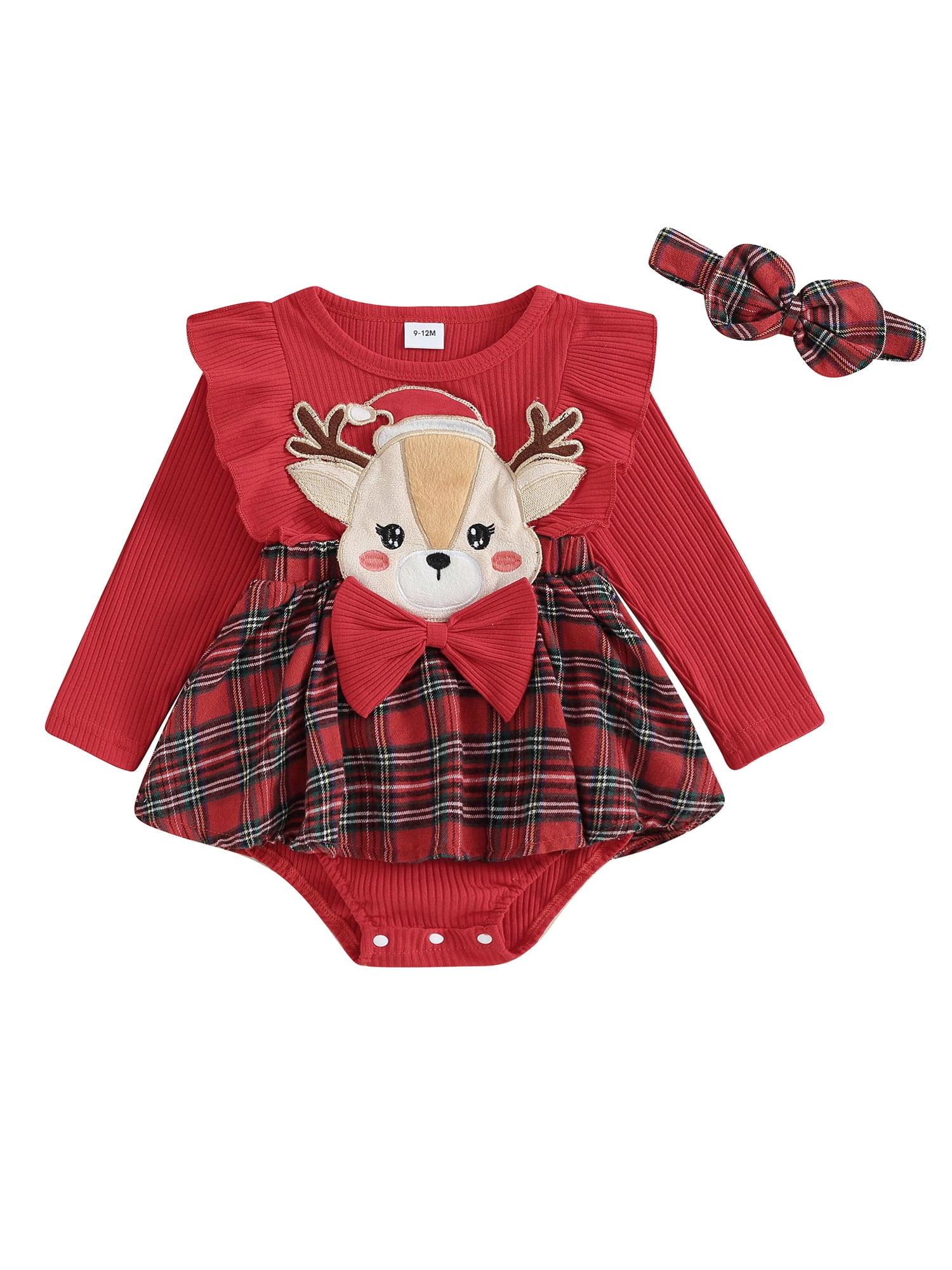 Newborn Baby Girl Christmas Romper Dress Elk Embroidered Bowknot Plaid