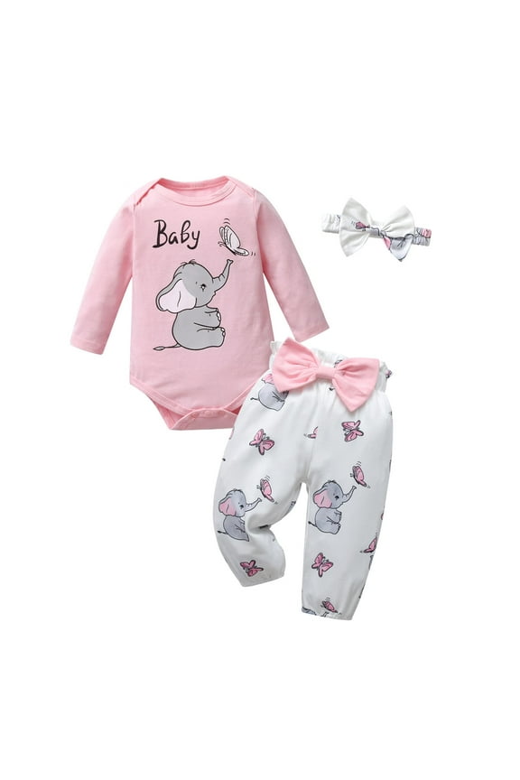 Newborn Baby Girl Clothes Animals Style Long Sleeve Ruffle Romper Pants Set 3PCS Fall Outfits Pink