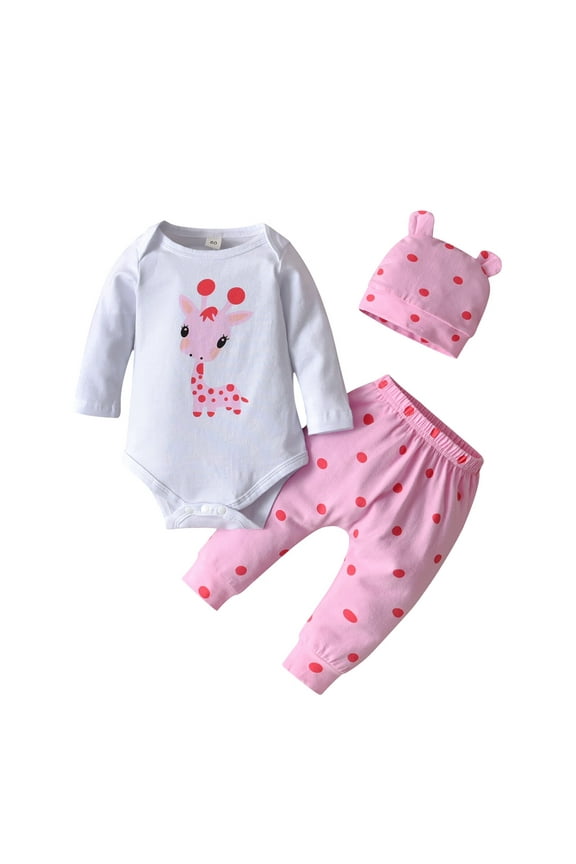 Newborn Baby Girl Clothes Animals Style Long Sleeve Ruffle Romper Pants Set 3PCS Pink 3-6 Months