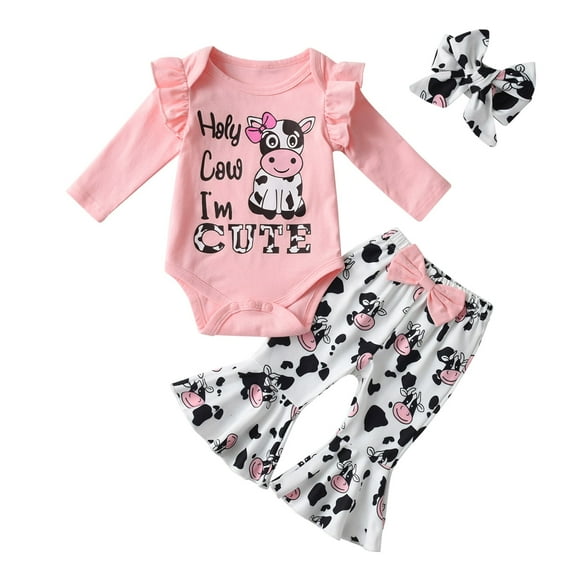 Newborn Baby Girl Clothes Animals Style Long Sleeve Ruffle Romper Pants Set 3PCS Pink 3-6 Months