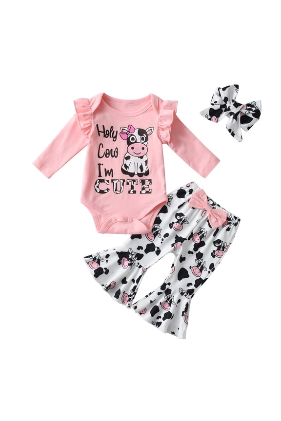 Newborn Baby Girl Clothes Animals Style Long Sleeve Ruffle Romper Pants Set 3PCS Pink 3-6 Months