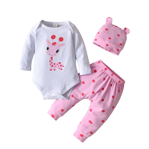 Newborn Baby Girl Clothes Animals Style Long Sleeve Ruffle Romper Pants Set 3PCS Pink