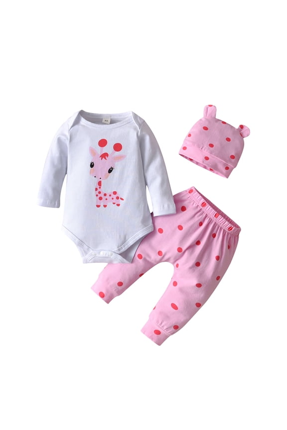 Newborn Baby Girl Clothes Animals Style Long Sleeve Ruffle Romper Pants Set 3PCS Pink