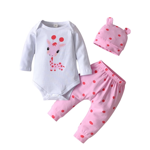 Newborn Baby Girl Clothes Animals Style Long Sleeve Ruffle Romper Pants Set 3PCS Pink