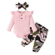 Newborn Baby Girl Clothes Baby Girl Outfits Long Sleeve Romper Top Camouflage Pants Headband 3PCS Set Pink 0-3 Months