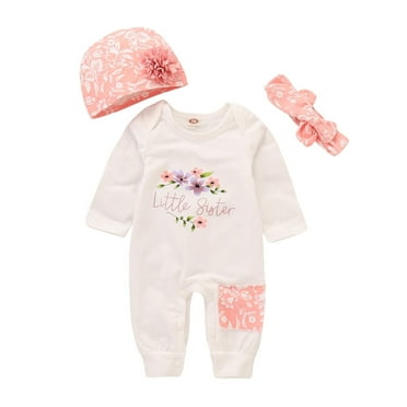 Newborn Baby Girl Clothes Baby Girl Romper Long Sleeve Letter Print Romper One Piece Jumpsuit Headband Hat 3PCS Clothing Set 0-3 Months