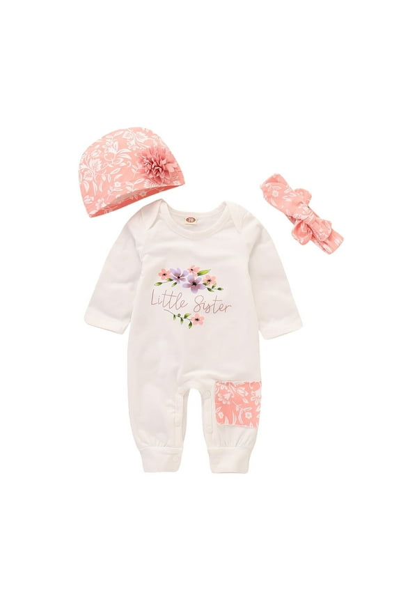 Newborn Baby Girl Clothes Baby Girl Romper Long Sleeve Letter Print Romper One Piece Jumpsuit Headband Hat 3PCS Clothing Set 0-3 Months