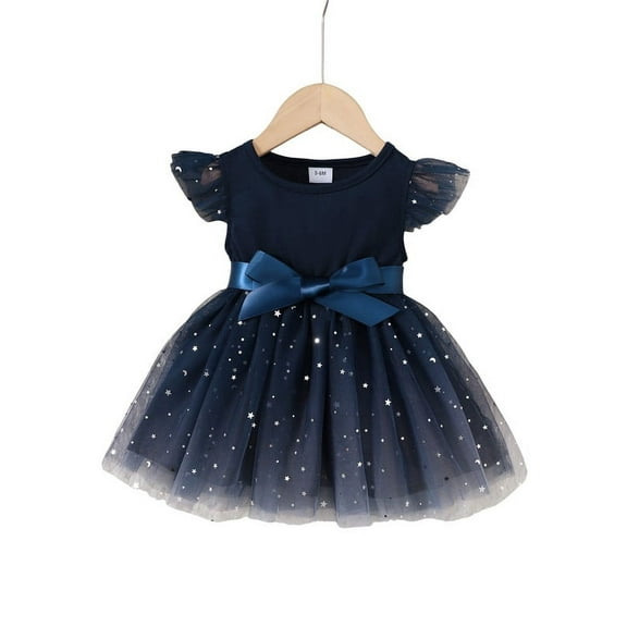 Newborn Baby Girl Clothes Blue Star Moon Meshed Dress Infant Clothes Spring Summer Fly Sleeve Skirt with Silk Bownot Waistband