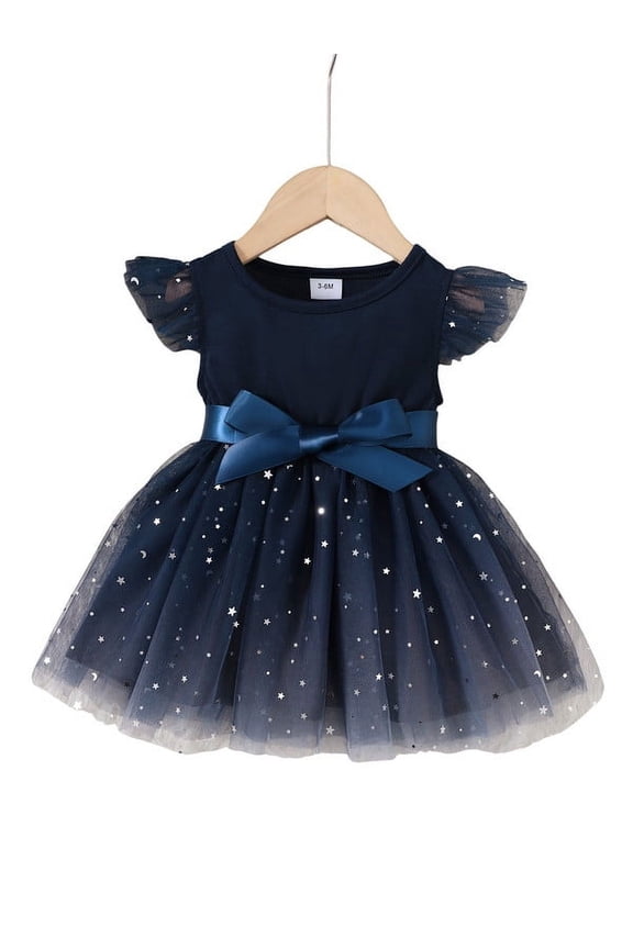 Newborn Baby Girl Clothes Blue Star Moon Meshed Dress Infant Clothes Spring Summer Fly Sleeve Skirt with Silk Bownot Waistband