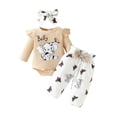 thumbnail image 1 of Newborn Baby Girl Clothes Cartoon Elephant Print Outfit Ruffle Long Sleeve Ribbed Romper Tops Bowknot Pants Two Piece Set with Headband White 6-9 Months, 1 of 3