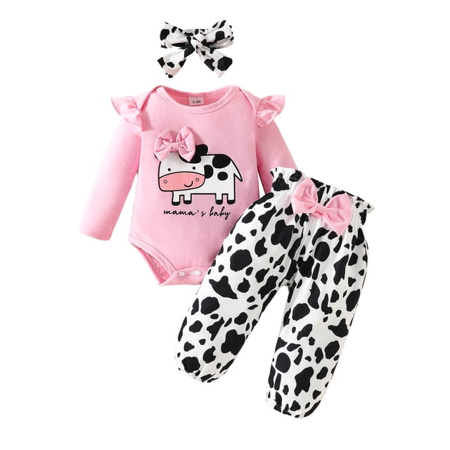 Newborn Baby Girl Clothes Cute Cow Print Outfit Ruffle Long Sleeve Ribbed Romper Tops Bowknot Pants Two Piece Set with Headband Red 12-18 Months