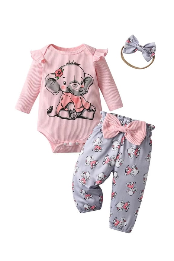 Newborn Baby Girl Clothes Elephant Style Long Sleeve Ruffle Romper Pants Set 3PCS Fall Outfits Pink 9-12 Months