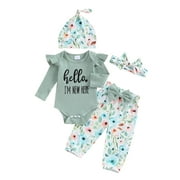 Newborn Baby Girl Clothes Hello I'm New Here Letter Romper+Floral Pants+Hat+Headband+Coming Home Outfits