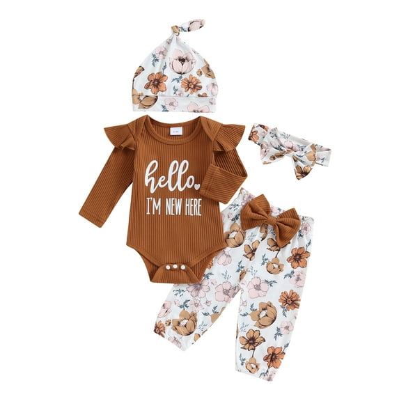 Newborn Baby Girl Clothes Hello I'm New Here Letter Romper+Floral Pants+Hat+Headband+Coming Home Outfits