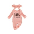 thumbnail image 1 of Newborn Baby Girl Clothes Hello I'm New Here Ribbed Jumpsuit Long Sleeve Ruffle Romper with Headband Coming Home Outfits, 1 of 8