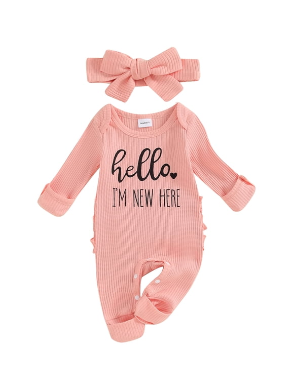 Newborn Baby Girl Clothes Hello I'm New Here Ribbed Jumpsuit Long Sleeve Ruffle Romper with Headband Coming Home Outfits