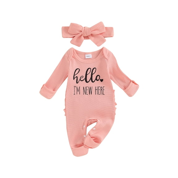 Newborn Baby Girl Clothes Hello I'm New Here Ribbed Jumpsuit Long Sleeve Ruffle Romper with Headband Coming Home Outfits