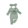 thumbnail image 1 of Newborn Baby Girl Clothes Hello I'm New Here Ribbed Jumpsuit Long Sleeve Ruffle Romper with Headband Coming Home Outfits, 1 of 8