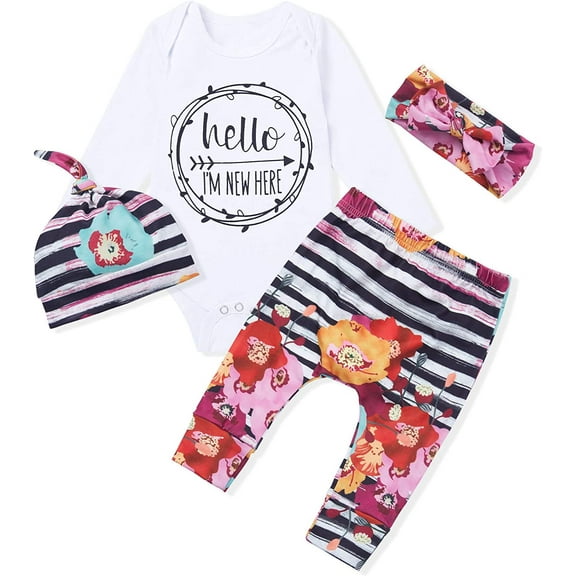 Newborn Baby Girl Clothes Im New Here Infant Newborn Outfit Cute Toddler Baby Girl Outfits 4PC Set Newborn