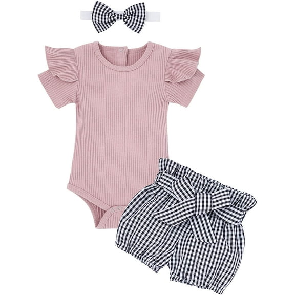 Newborn Baby Girl Clothes Jumpsuit Shorts Suit Flower Summer Clothes Cute Baby Clothes Girl Ruffle Fish Suit top + Plaid Shorts + Hair Band 3pcs Set 3-6 Months