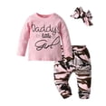 thumbnail image 1 of Newborn Baby Girl Clothes Long Sleeve Letter Ruffle Tops Camouflage Printed Pants and Headband Outfit Set Pink 0-3 Months, 1 of 6