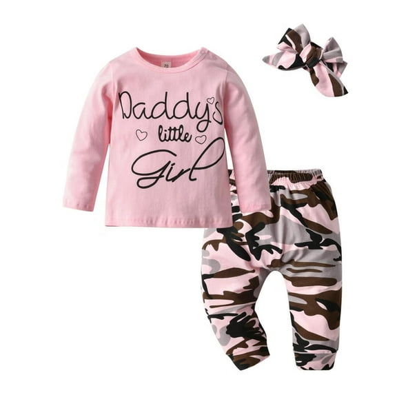 Newborn Baby Girl Clothes Long Sleeve Letter Ruffle Tops Camouflage Printed Pants and Headband Outfit Set Pink 6-9 Months