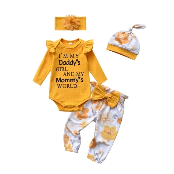 Newborn Baby Girl Clothes Ruffle Long Sleeve Letter Romper + Print Pants +Headband + Hat Outfits Set 0-3 Months