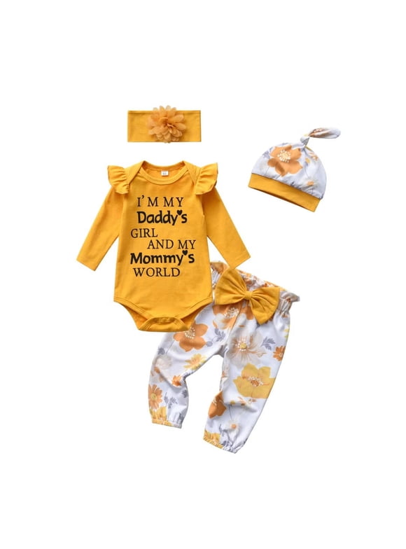 Newborn Baby Girl Clothes Ruffle Long Sleeve Letter Romper + Print Pants +Headband + Hat Outfits Set