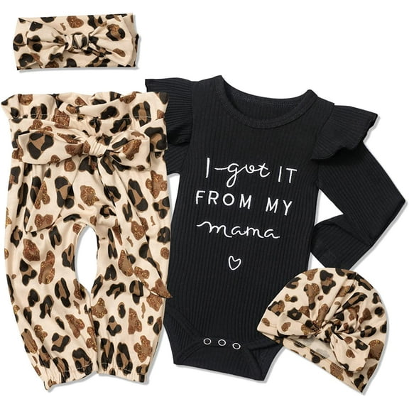 Newborn Baby Girl Clothes Ruffle Long Sleeve Romper Leopard Pants Hat Headband 4PCS Baby Girl Winter Clothes0-3 Months
