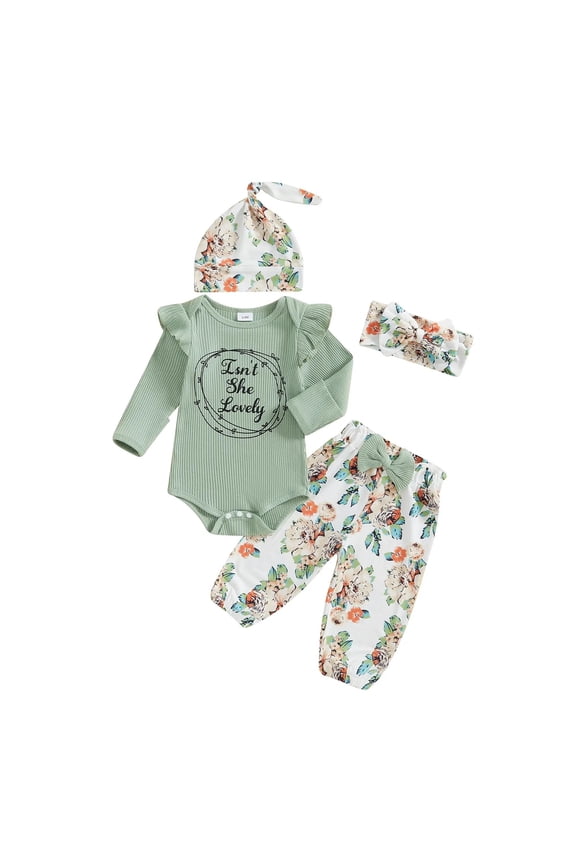 Newborn Baby Girl Clothes Short Sleeve Ribbed Romper Onesie Bowknot Floral Pants Headband 3Pcs Clothing Set (Green, Newborn)