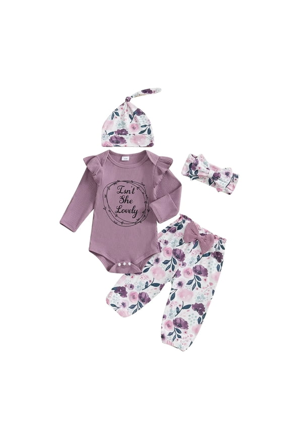 Newborn Baby Girl Clothes Short Sleeve Ribbed Romper Onesie Bowknot Floral Pants Headband 3Pcs Clothing Set (Purple, Newborn)