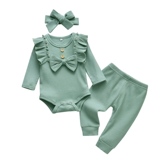 Newborn Baby Girl Clothes Solid Long Sleeve Ruffle Romper Pants Set 3PCS Fall Outfits Green