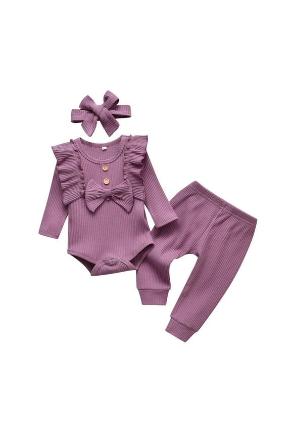 Newborn Baby Girl Clothes Solid Long Sleeve Ruffle Romper Pants Set 3PCS Fall Outfits Purple 6-9 Months
