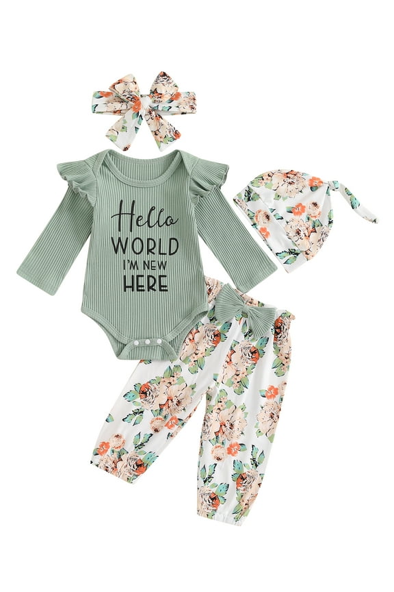 Newborn Baby Girl Coming Home Outfit Hello World I'm New Here Romper Ruffle Long Sleeve Bodysuit + Long Pants + Headband + Hat 4Pcs Fall Clothes Set