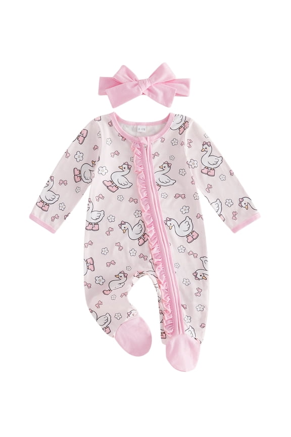 Newborn Baby Girl Coming Home Outfit Long Sleeve Duck Footed Romper Zipper Jumpsuit with Headband