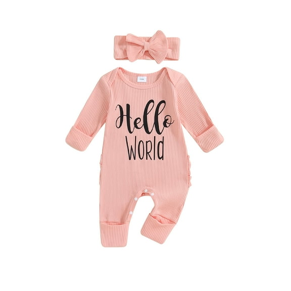 Newborn Baby Girl Coming Home Outfit Long Sleeve Letter Romper Ribbed Ruffle Jumpsuit Headband Set Spring Fall Clothes