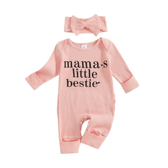 Newborn Baby Girl Coming Home Outfit Long Sleeve Letter Romper Ribbed Ruffle Jumpsuit Headband Set Spring Fall Clothes