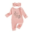thumbnail image 1 of Newborn Baby Girl Coming Home Outfit Long Sleeve Letter Romper Ribbed Ruffle Jumpsuit Headband Set Spring Fall Clothes, 1 of 8