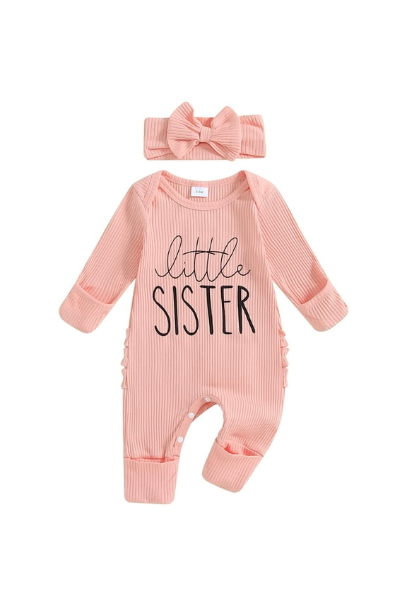 Newborn Baby Girl Coming Home Outfit Long Sleeve Letter Romper Ribbed Ruffle Jumpsuit Headband Set Spring Fall Clothes