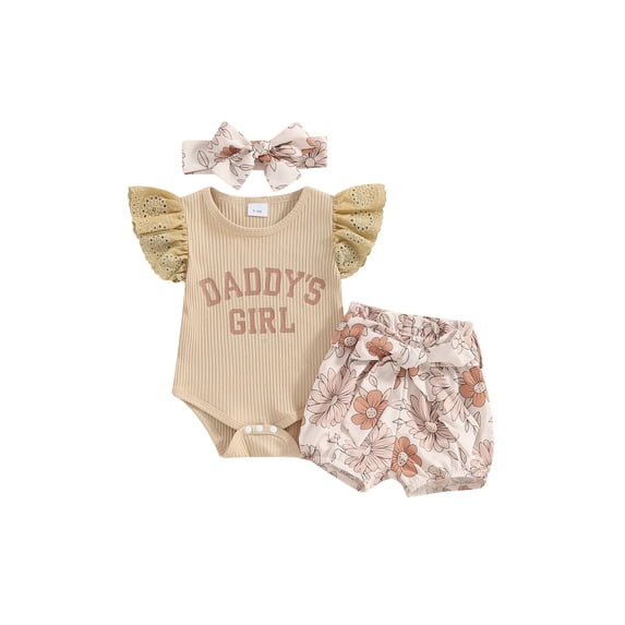 Newborn Baby Girl Daddy Clothes Set Daddy's Girl Ribbed Short Sleeve Romper Floral Shorts 3Pcs Summer Outfits