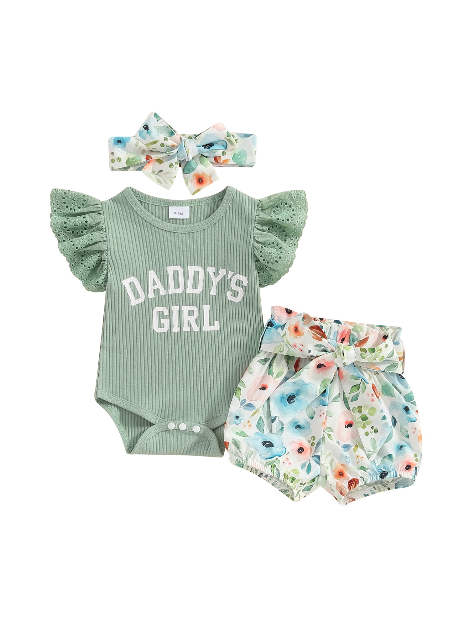 Newborn Baby Girl Daddy Clothes Set Daddy's Girl Ribbed Short Sleeve Romper Floral Shorts 3Pcs
