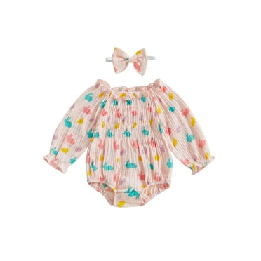 Newborn Baby Girl Easter Bunny Print Romper Long Sleeve Off Shoulder Romper with Headband for Infant 2Pcs Cotton Cute Clothes