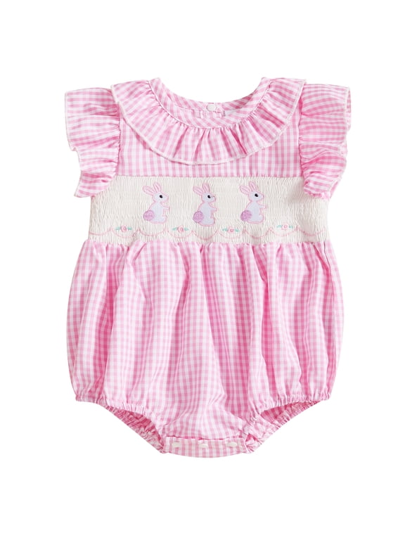 Newborn Baby Girl Easter Outfit Short Sleeve Ruffle Bunny Embroidery Smocked Romper Bodysuit 0 3 6 12 18 Months Cute Summer Outfit