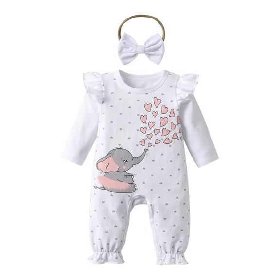 Newborn Baby Girl Elephant Style Long Sleeve Heart Shaped Ruffle Romper and Headband Outfit Set White 0-3 Months