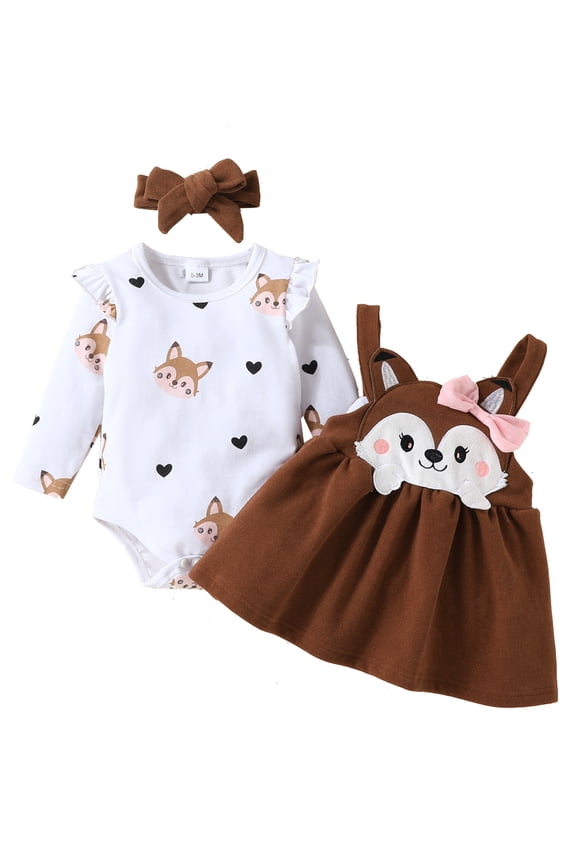 Newborn Baby Girl Fall Clothes Long Sleeve Fox Print Romper Suspender Skirt Headband Set 3Pcs Cute Outfit