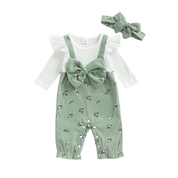 Newborn Baby Girl Fall Outfit Romper Floral Print Fake Two Pieces Patchwork Bow Jumpsuit 1 3 6 9 12 18 Months Infant Cute Winter Clothes