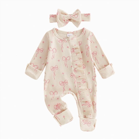 Newborn Baby Girl Fall Winter Clothes Coming Home Outfit Ruffle Romper Cute Ribbed Knit Jumpsuit Headband